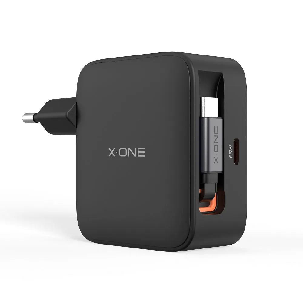 Travel charger X-ONE ChargeGo GaN 65W with retractable cable and USB C port - black