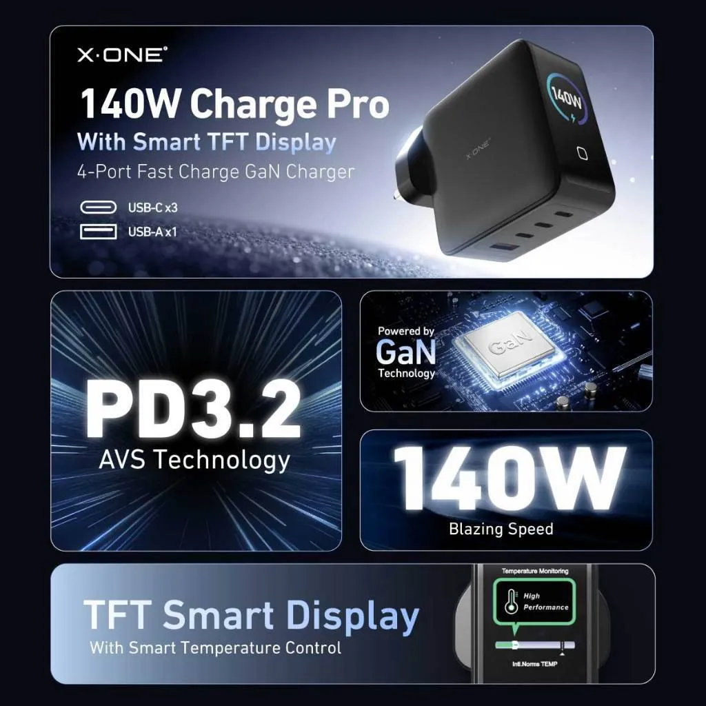 Travel charger X-ONE ChargeGo GaN 65W with retractable cable and USB C port - black