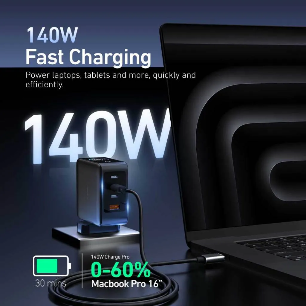 Travel charger X-ONE ChargeGo GaN 65W with retractable cable and USB C port - black