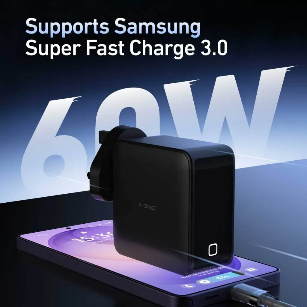 Travel charger X-ONE ChargeGo GaN 65W with retractable cable and USB C port - black