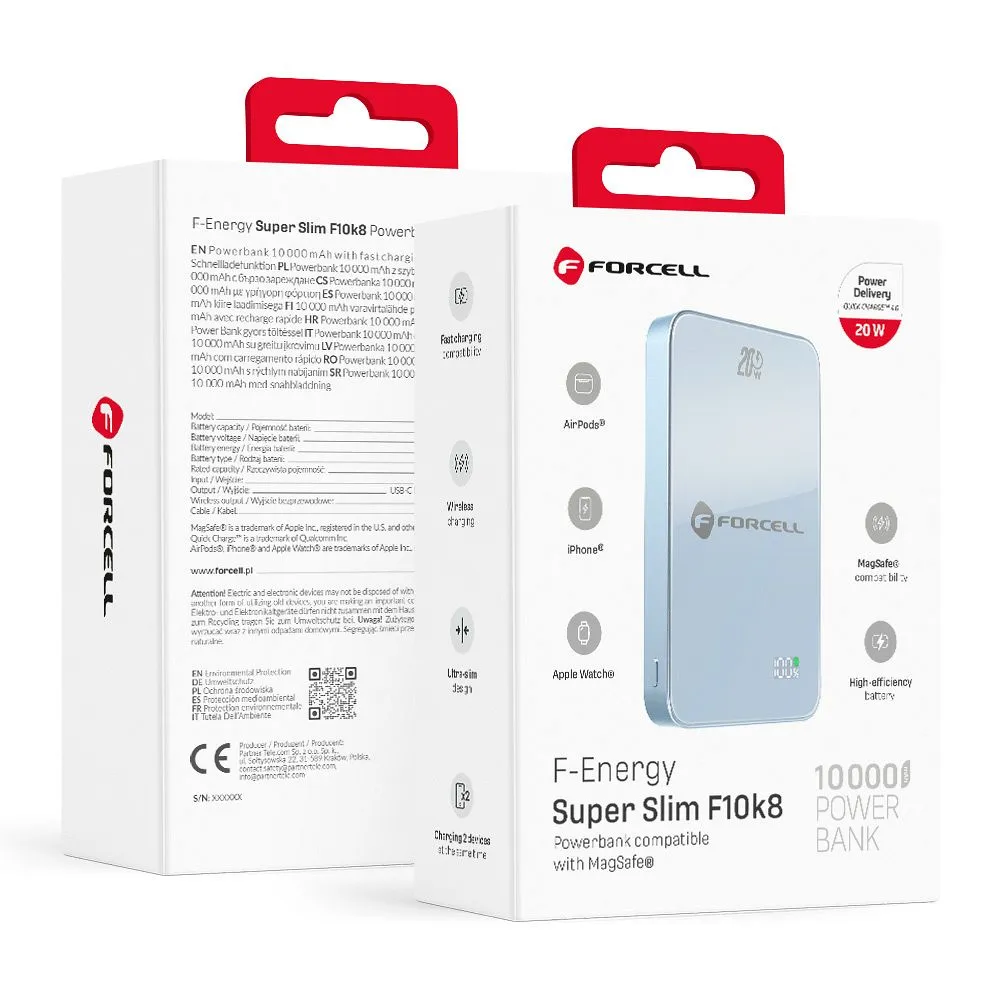 Powerbank kompatibel mit MagSafe Forcell F-Energy SuperSlim F10K8 QC4.0 PD3.0 15W 10000 mAh blue