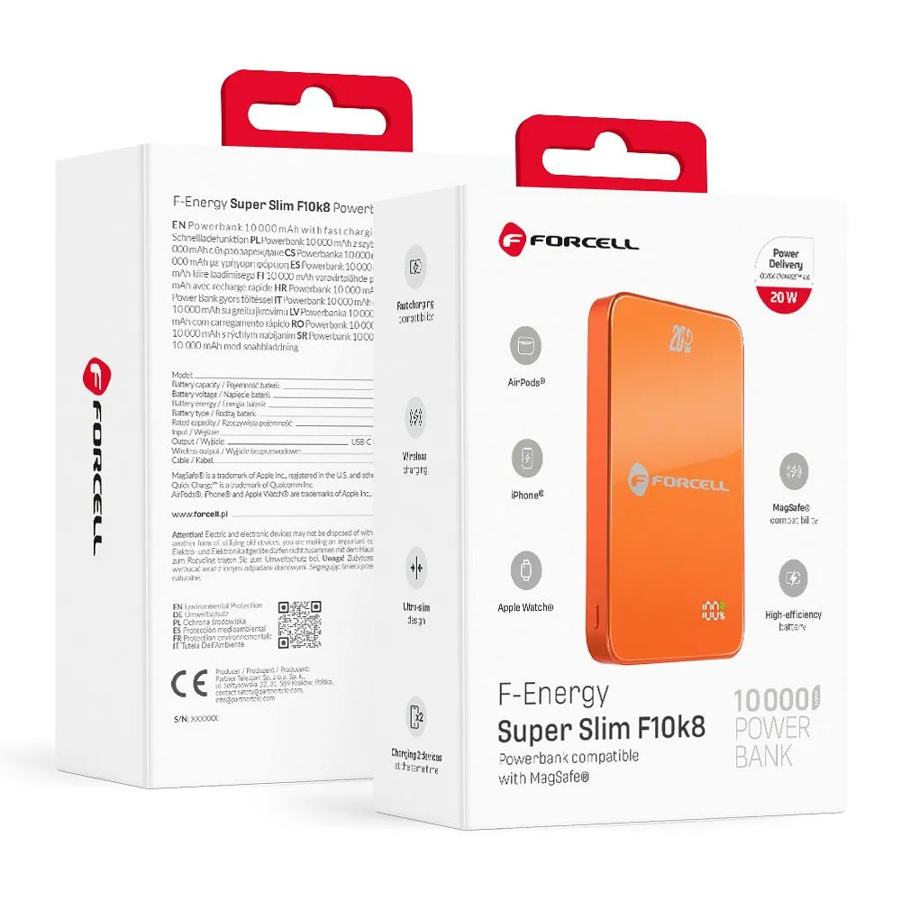 Powerbank kompatibel mit MagSafe Forcell F-Energy SuperSlim F10K8 QC4.0 PD3.0 15W 10000 mAh orange