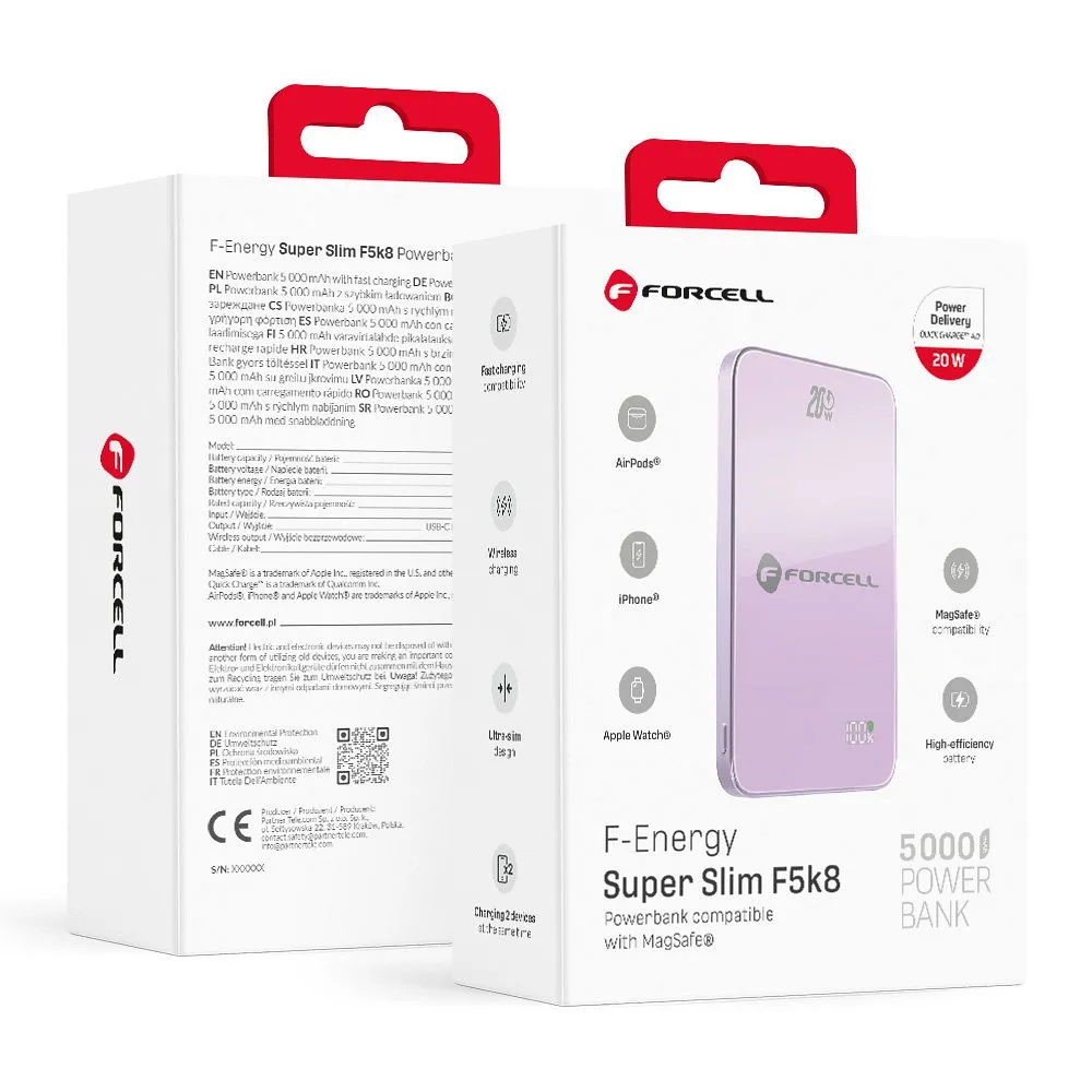 Powerbank kompatibel mit MagSafe Forcell F-Energy SuperSlim F5K8 QC4.0 PD3.0 15W 5000 mAh purple