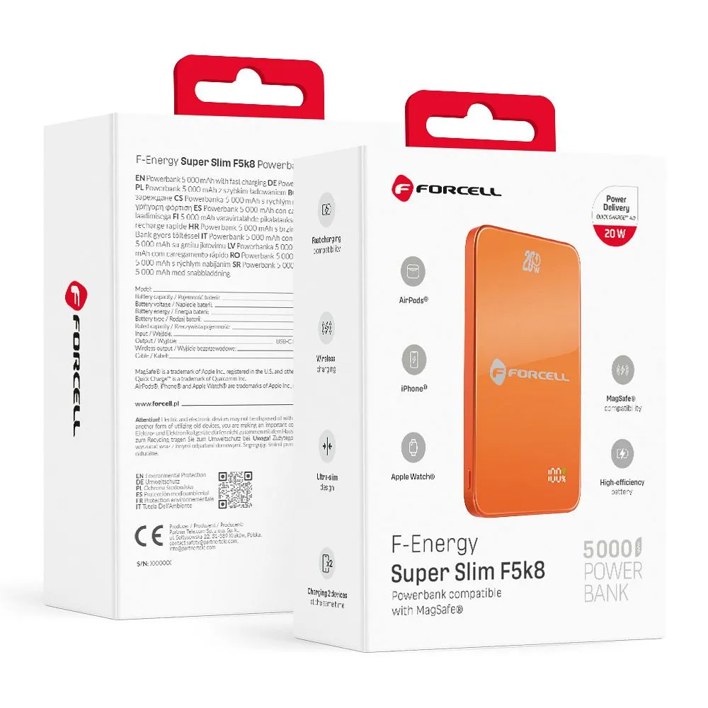 Powerbank kompatibel mit MagSafe Forcell F-Energy SuperSlim F5K8 QC4.0 PD3.0 15W 5000 mAh orange