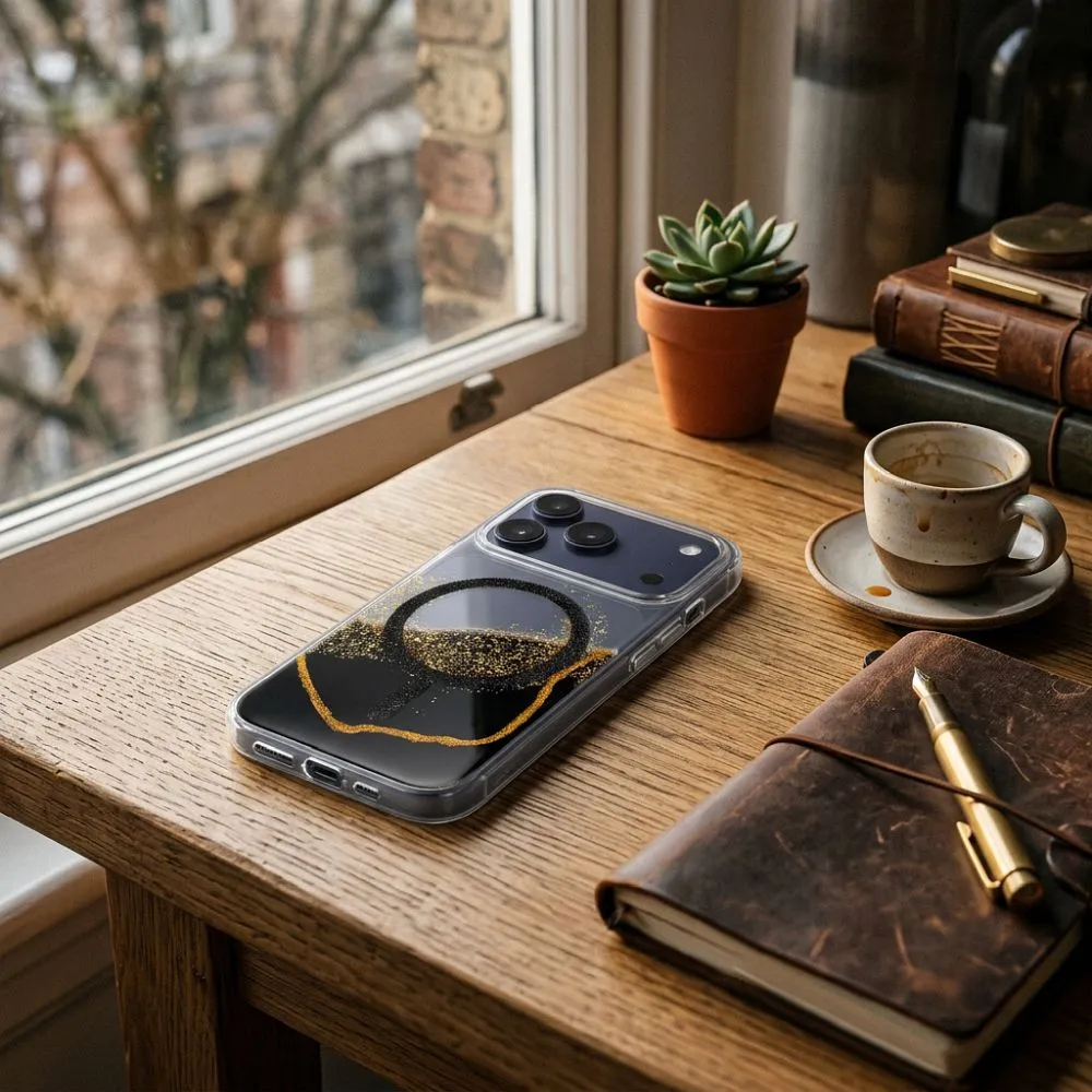 Case passend für iPhone 17 Pro Max / 18 Pro Max (low camera edge) Golden kompatibel mit MagSafe black