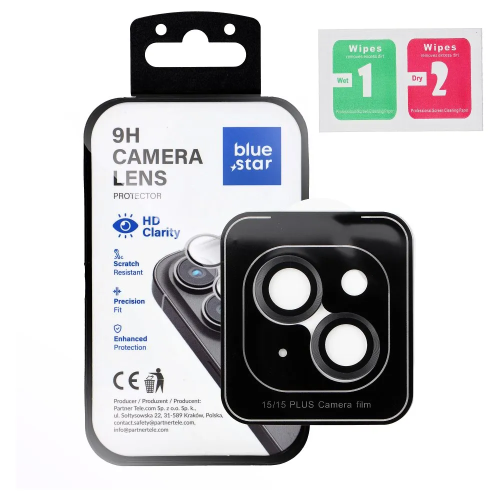Tempered Glass Camera Lens Protector passend für iPhone 15 / 15 PLUS Blue Star Easy Install black