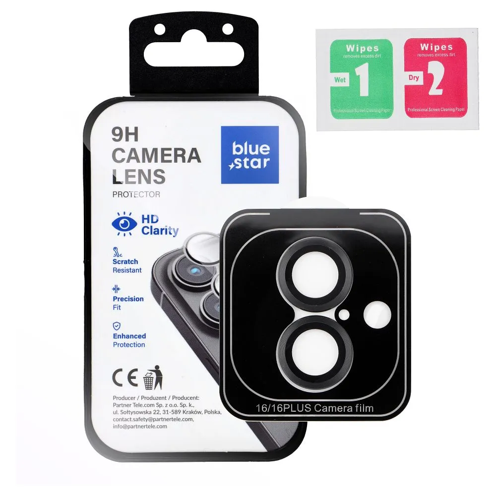 Tempered Glass Camera Lens Protector passend für iPhone 16 / 16 PLUS Blue Star Easy Install black