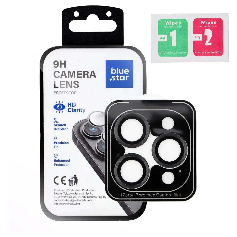 Tempered Glass Camera Lens Protector passend für iPhone 17 PRO / 17 PRO MAX Blue Star Easy Install black