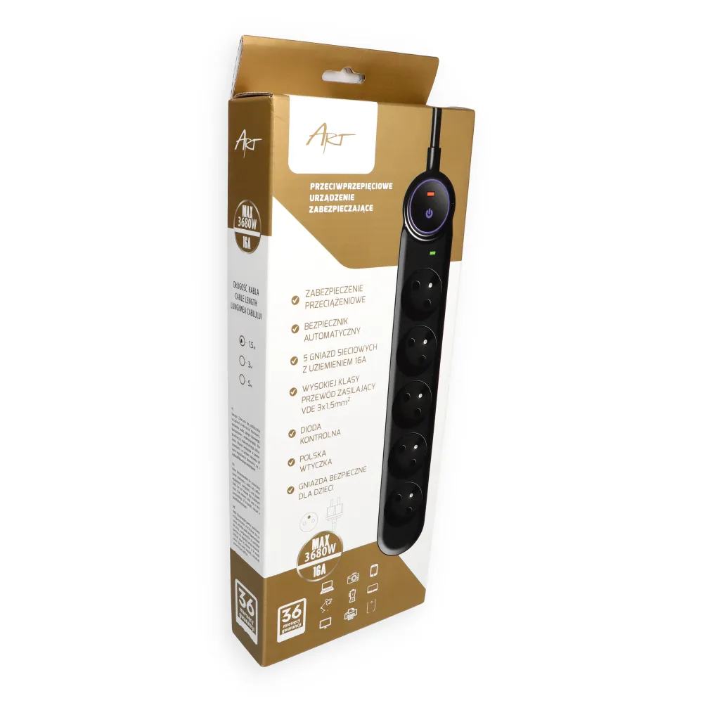 Extension cord 5 sockets Art F2100 1,5 m black
