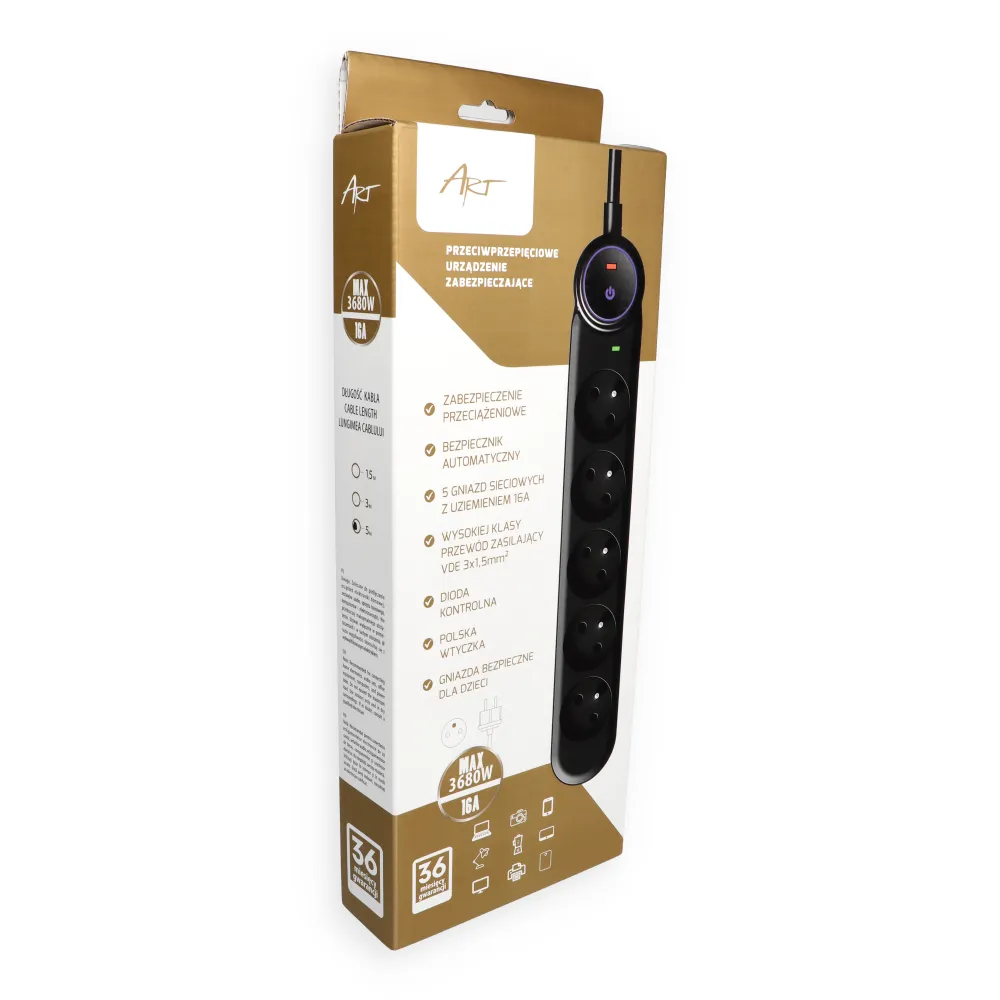 Extension cord 5 sockets Art F2115 5 m black