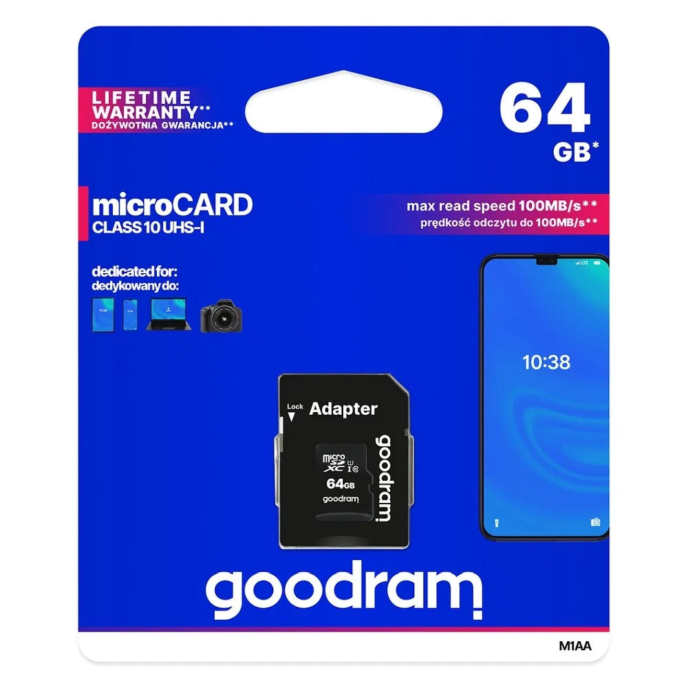 SPEICHERKARTE GOODRAM microSD 64GB Class 10 UHS I 100MB/s mit Adapter SD
