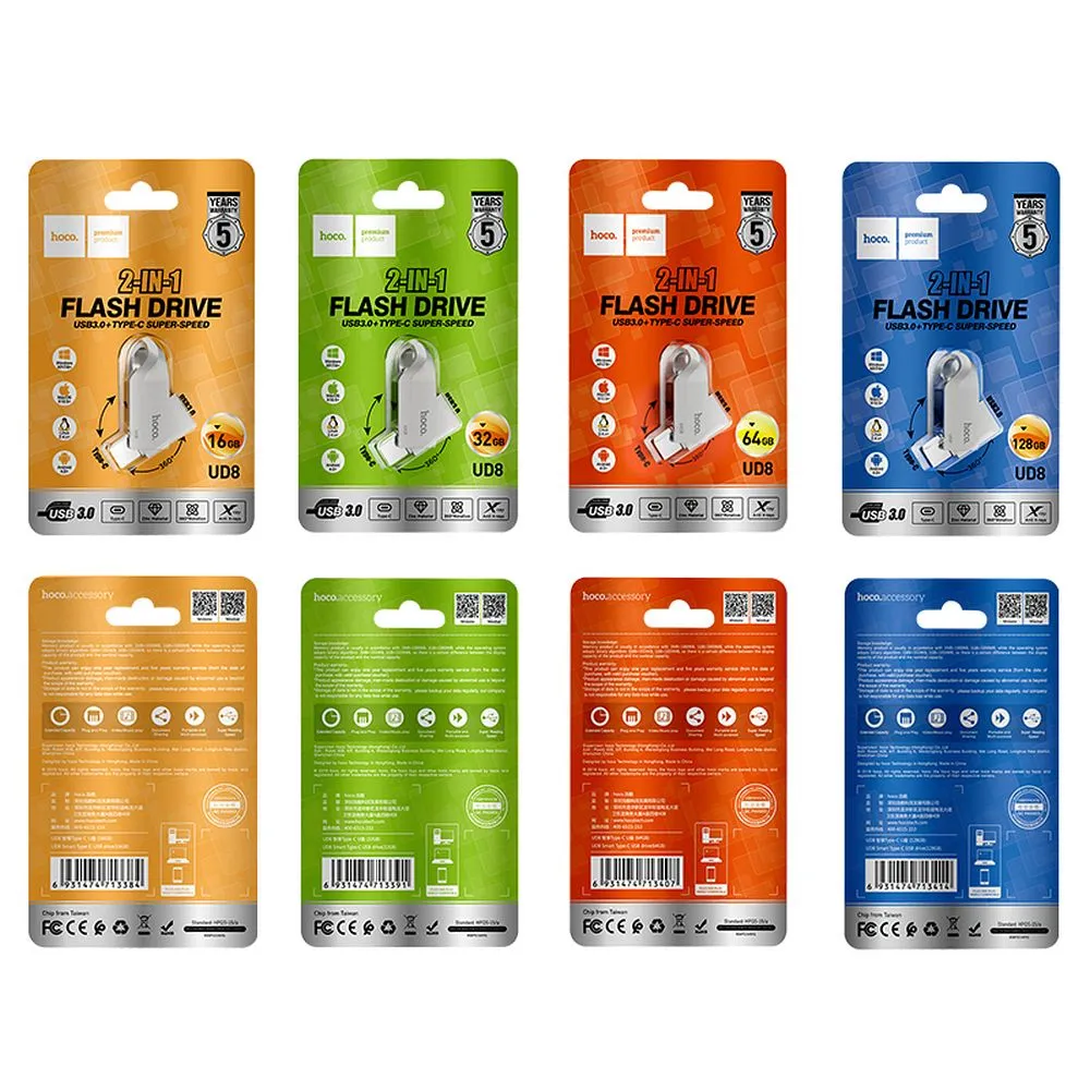 Pendrive 128GB USB 3.0 (USB A + USB C) Hoco UD8 nickel
