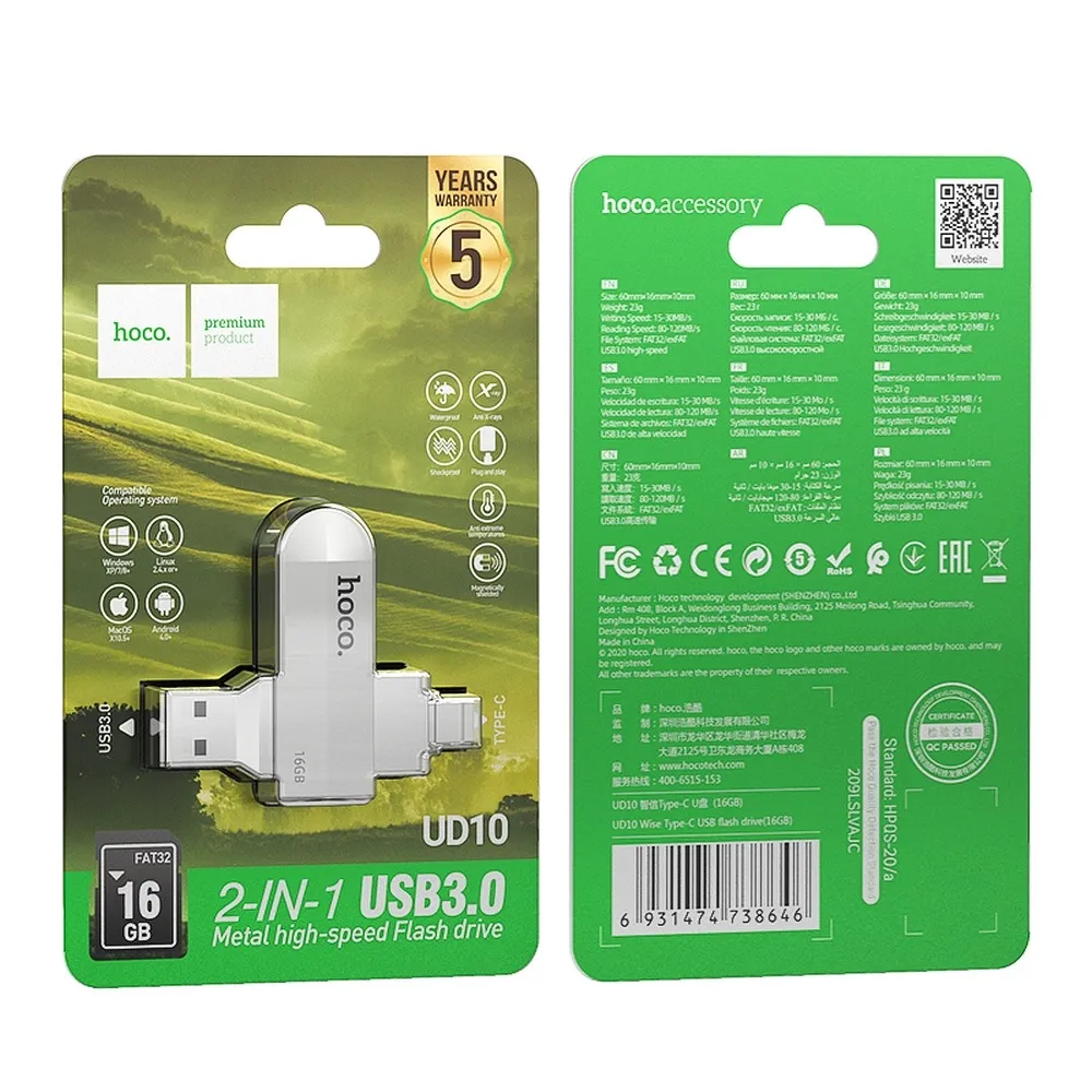 USB-STICK HOCO Wide UD10 USB + USB C 16GB USB3.0