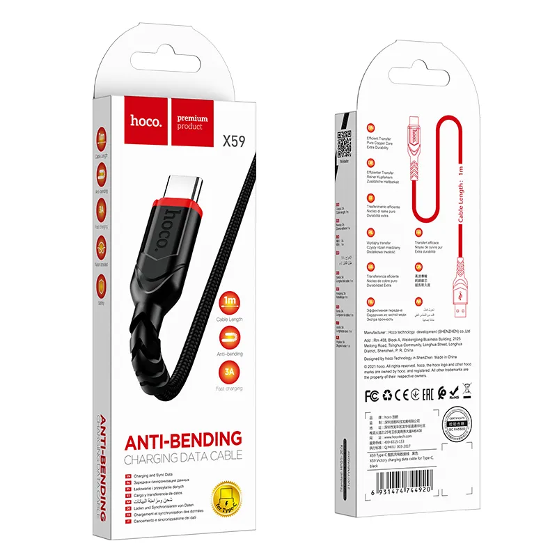 HOCO kabel USB passend für Typ C 3A VICTORY X59 1 Meter schwarz