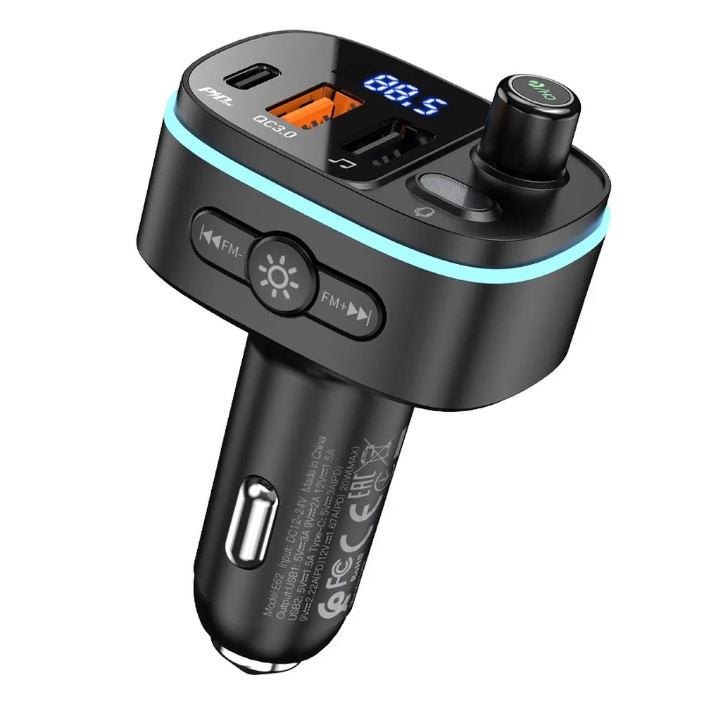 HOCO FM Sender Bluetooth + 2xUSB + Typ C PD20W + QC3.0 Fast E62 schwarz