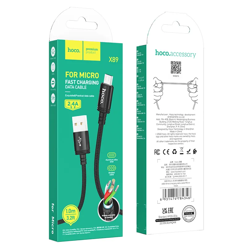 Cable USB A to Micro USB Hoco 2,4A 1 m X89 black