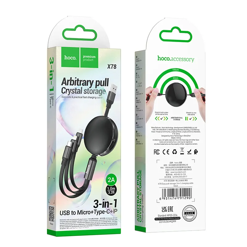 HOCO 3in1 USB A zu Lightnig / Micro USB / Typ C 2A Kabel X78 1m schwarz