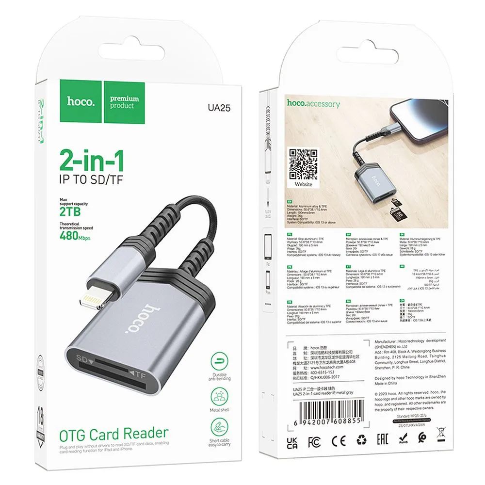 HOCO 2-in-1 Speicherkartenleser Lightning UA25 grau