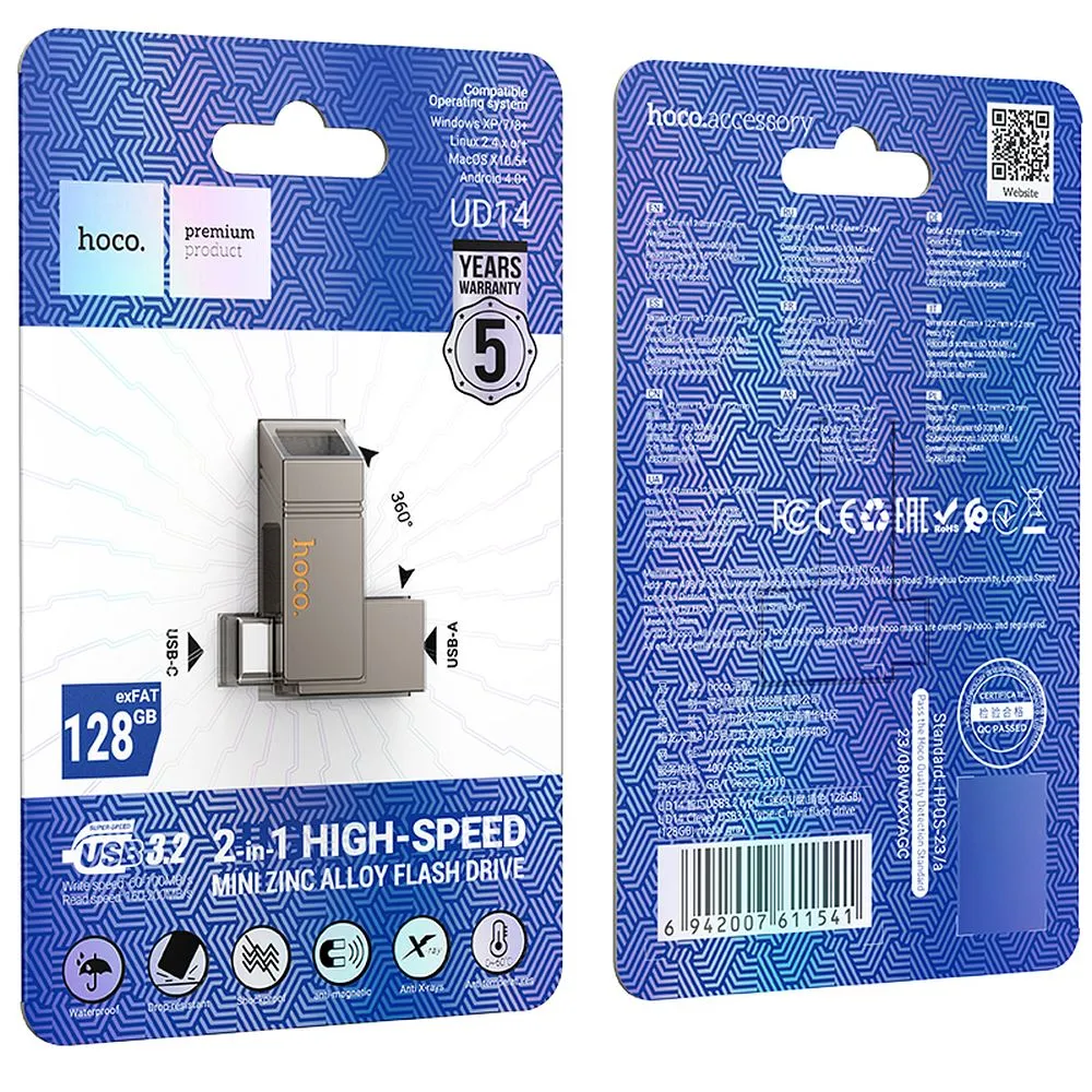 Pendrive 128GB USB 3.2 (USB A + USB C) Hoco UD14 gray