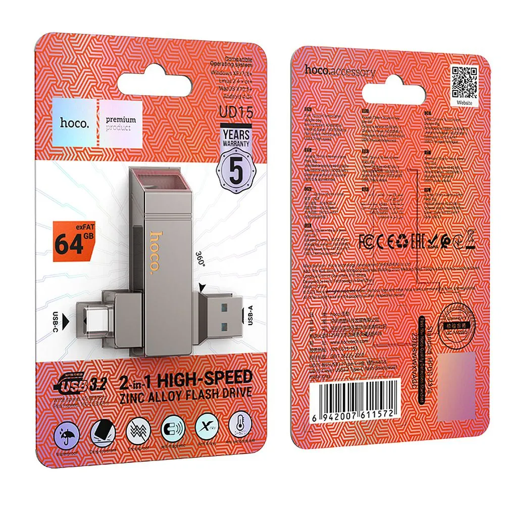 Pendrive 64GB USB 3.2 (USB A + USB C) Hoco UD15 gray