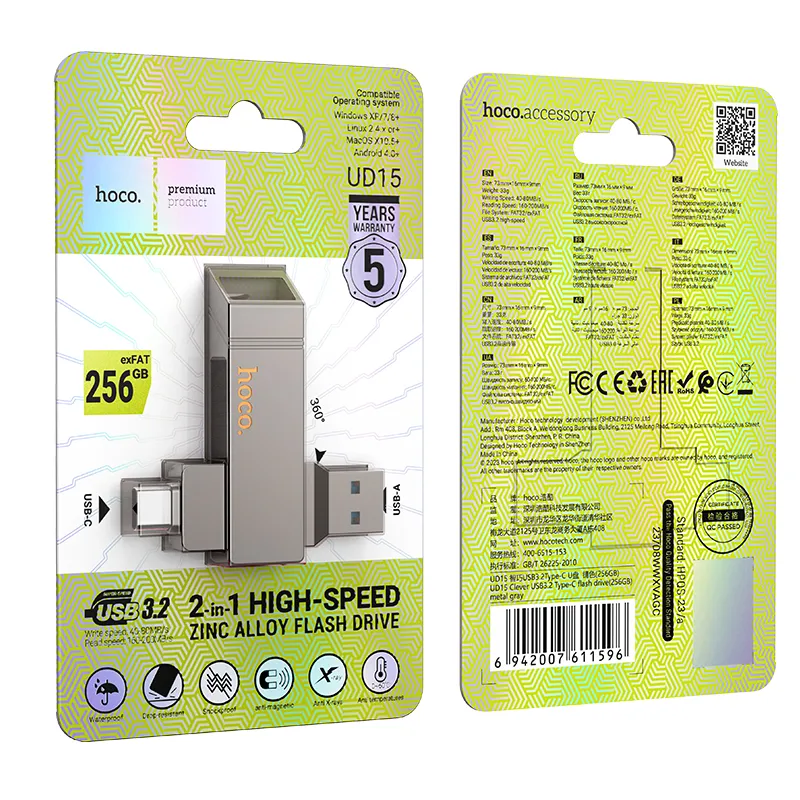 Pendrive 256GB USB 3.2 (USB A + USB C) Hoco UD15 gray