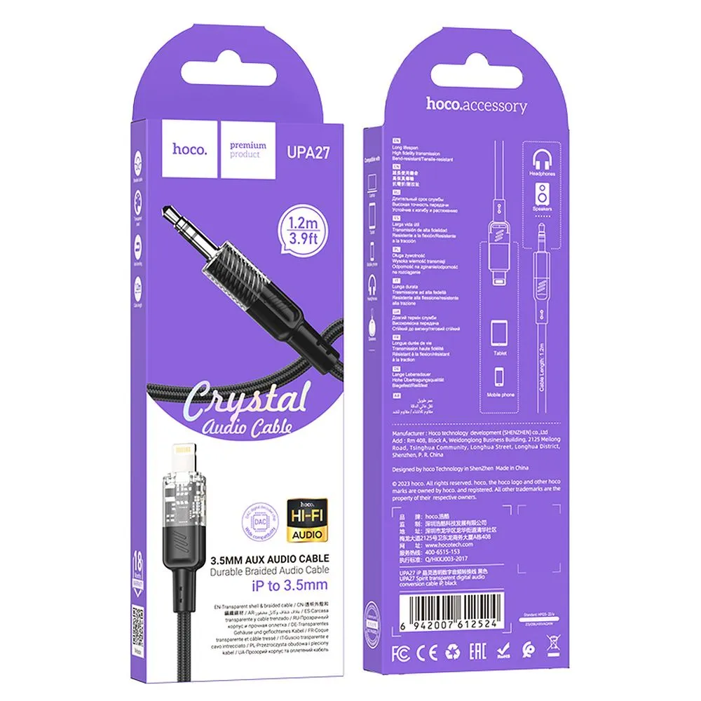 Cable AUX Jack 3,5 mm to Lightning Hoco 1,2 m UPA27 black