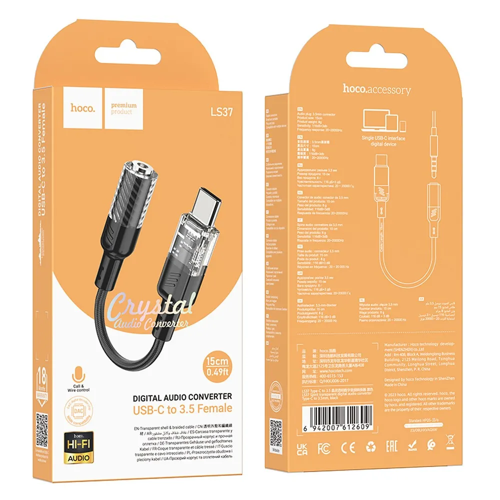 HOCO Adapter AUX Typ C auf Klinke 3,5 mm LS37 0,15 m transparent schwarz