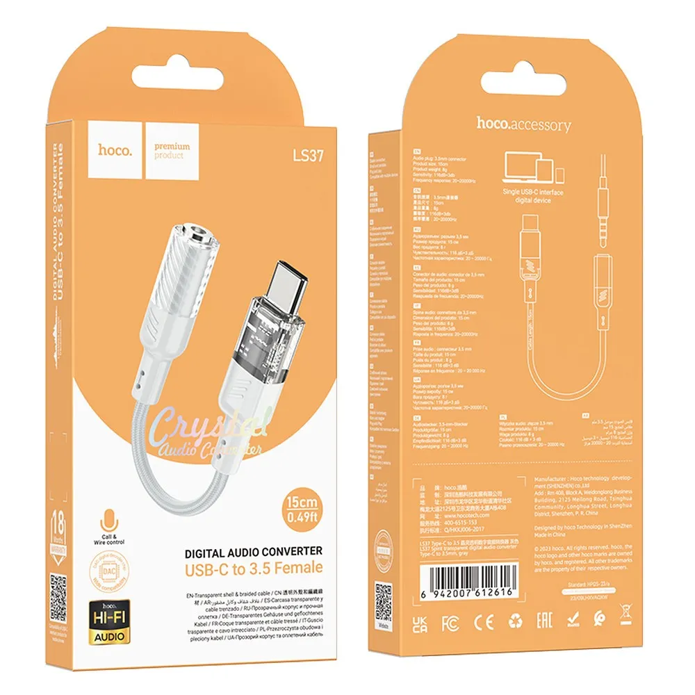 HOCO Adapter AUX Typ C auf Klinke 3,5 mm LS37 0,15 m transparent grau