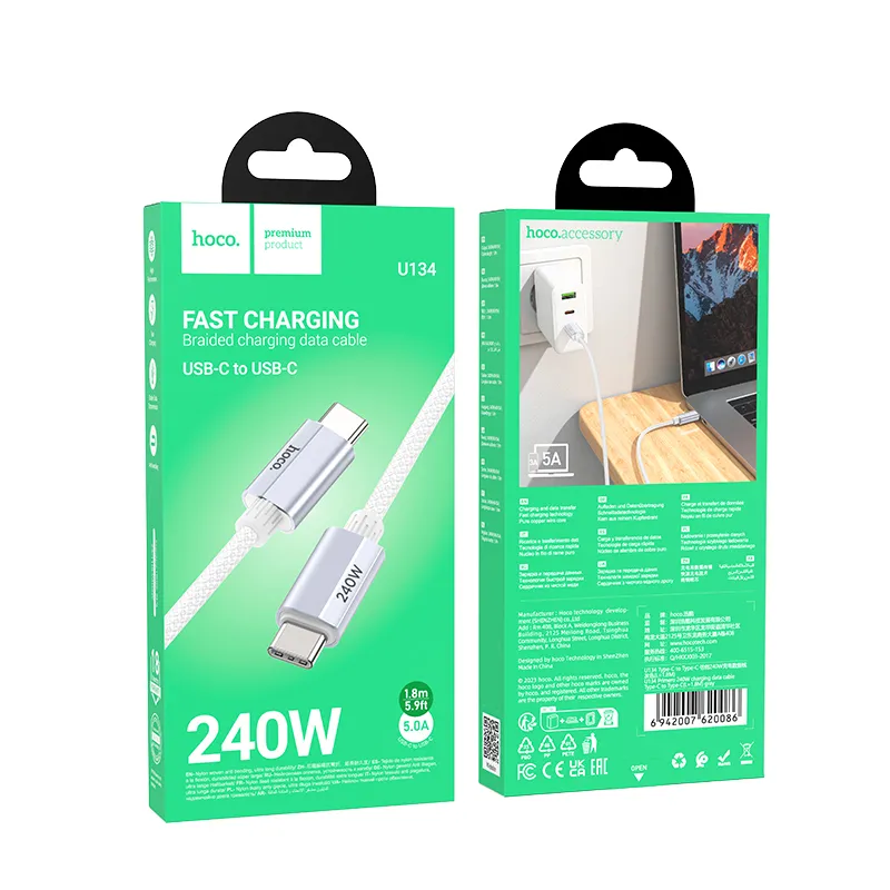 HOCO-Kabel Typ C auf Typ C PD QC3.0 5A 240W U134 1,8 m grau