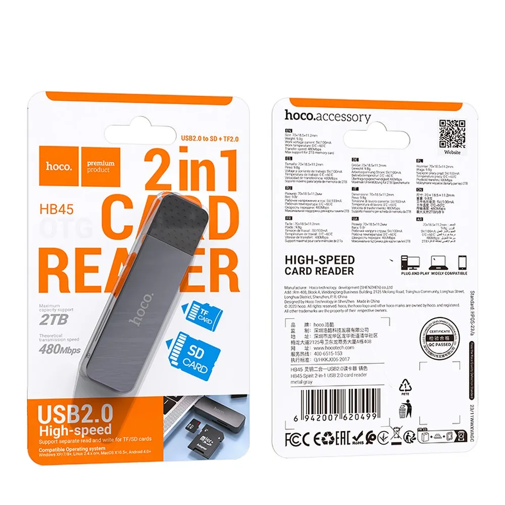 HOCO Speicherkartenleser 2in1 USB A 2.0 HB45 grau