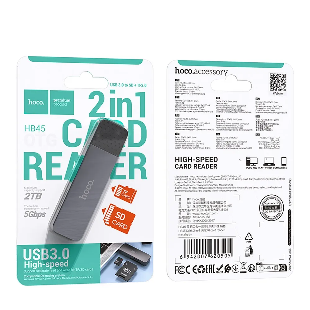 HOCO Speicherkartenleser 2in1 USB A 3.0 HB45 grau