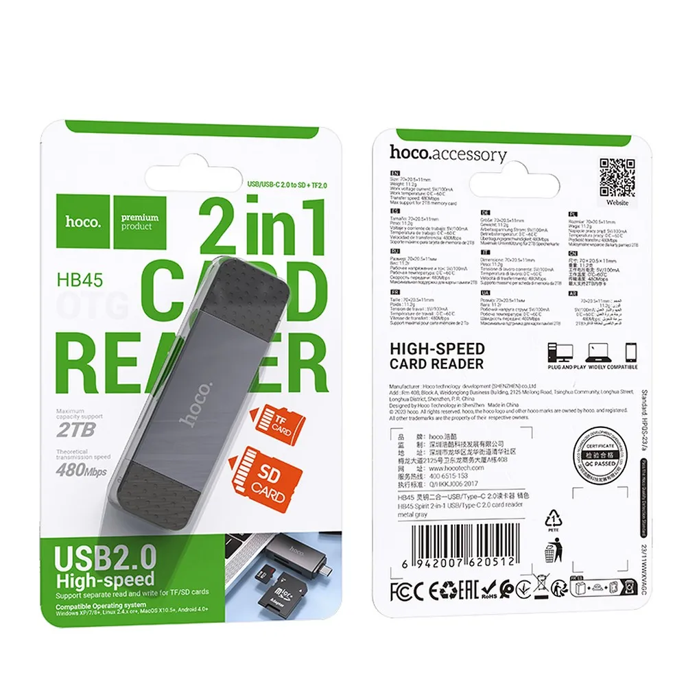 HOCO Speicherkartenleser 2in1 USB A + Typ C 2.0 HB45 grau