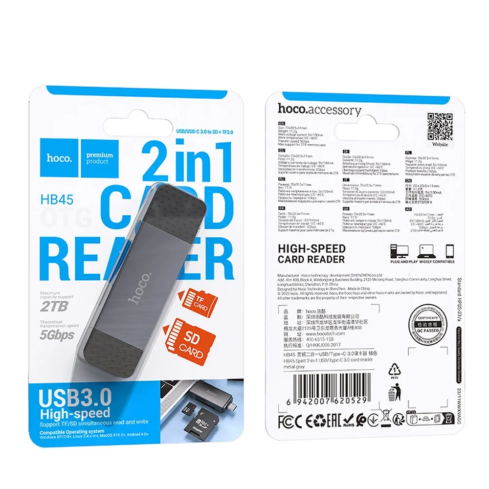 HOCO Speicherkartenleser 2in1 USB A + Typ C 3.0 HB45 grau