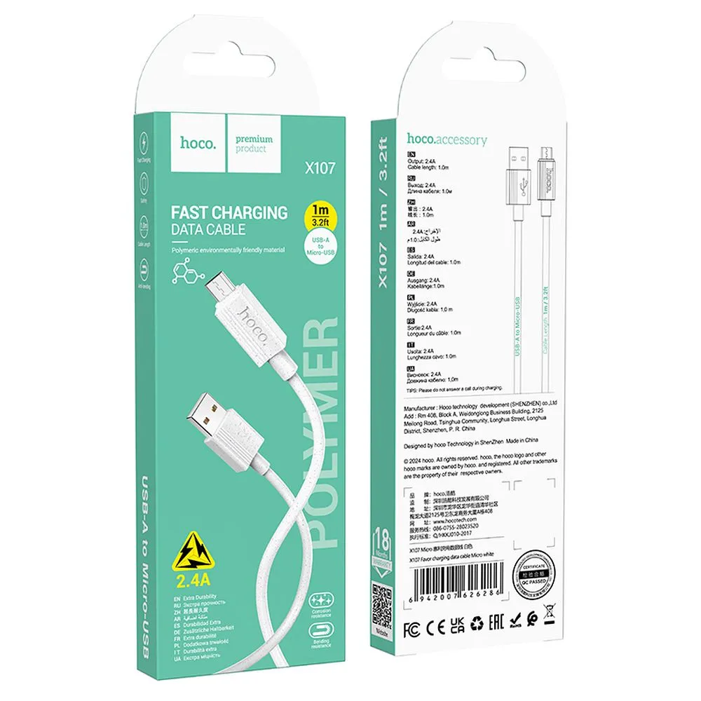 Cable USB A to Micro USB Hoco 2,4A 1 m X107 white