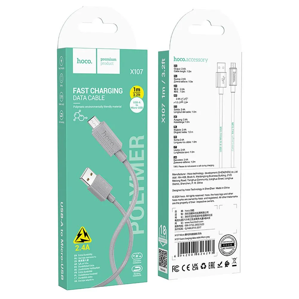 Cable USB A to Micro USB Hoco 2,4A 1 m X107 gray