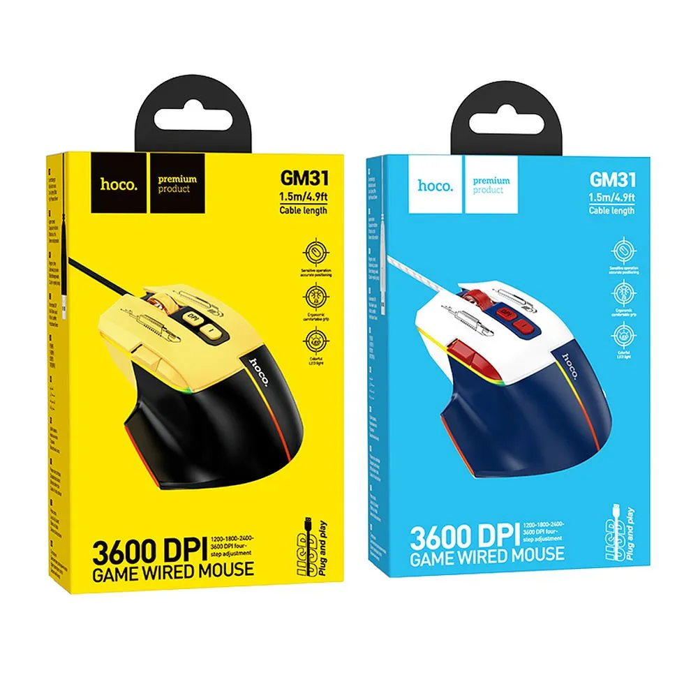 HOCO kabelgebundene Gaming Computer Maus USB A 3600DPI GM31 schwarz und gelb