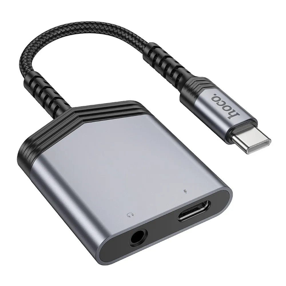 HOCO AUX Adapter 2in1 Typ C auf Typ C / Klinke 3,5 mm 27W LS39 grau