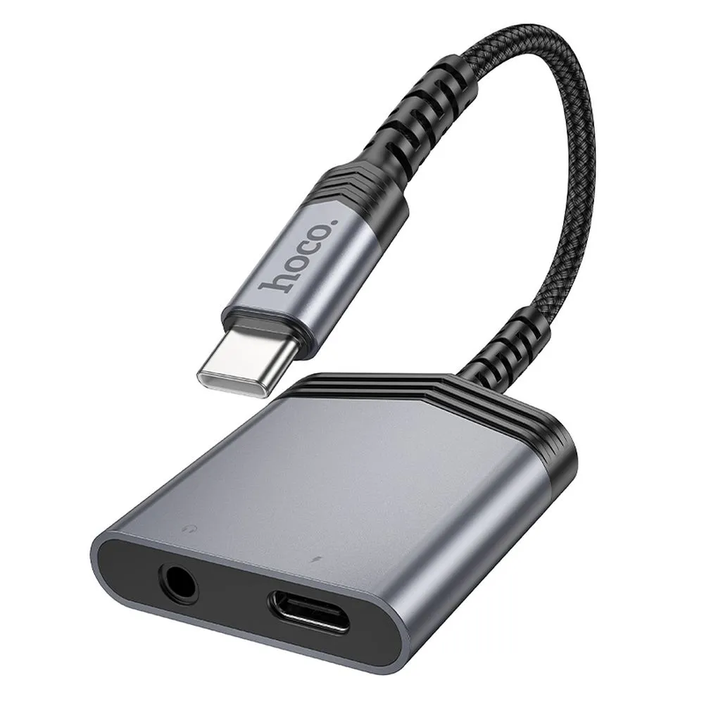 HOCO AUX Adapter 2in1 Typ C auf Typ C / Klinke 3,5 mm 27W LS39 grau