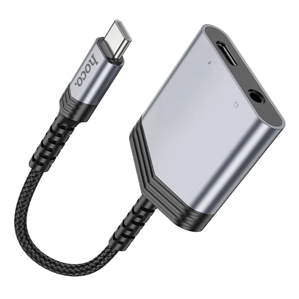 HOCO AUX Adapter 2in1 Typ C auf Typ C / Klinke 3,5 mm 27W LS39 grau