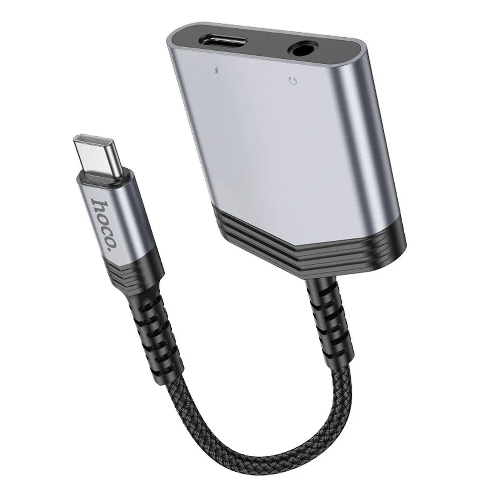 HOCO AUX Adapter 2in1 Typ C auf Typ C / Klinke 3,5 mm 27W LS39 grau
