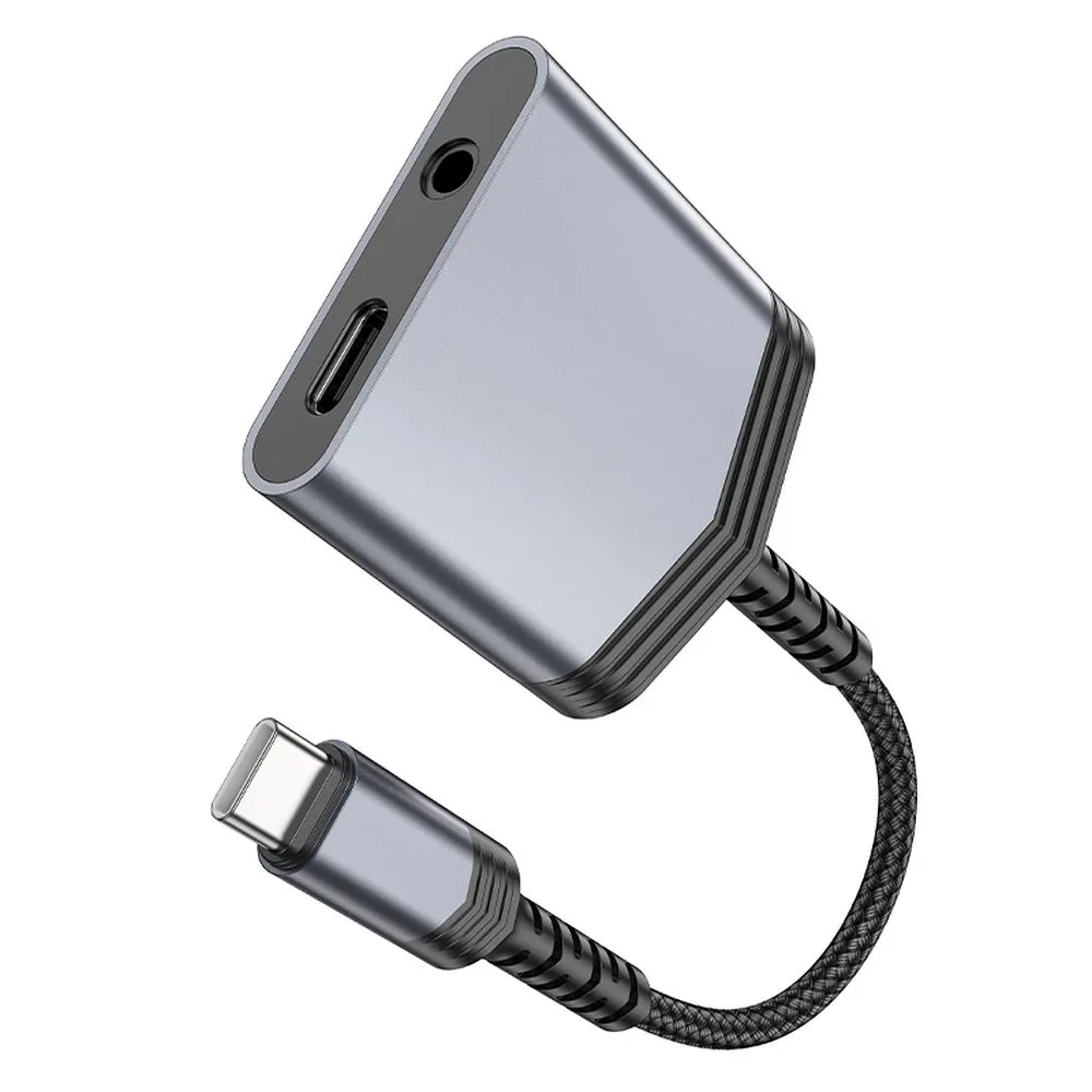 HOCO AUX Adapter 2in1 Typ C auf Typ C / Klinke 3,5 mm 27W LS39 grau