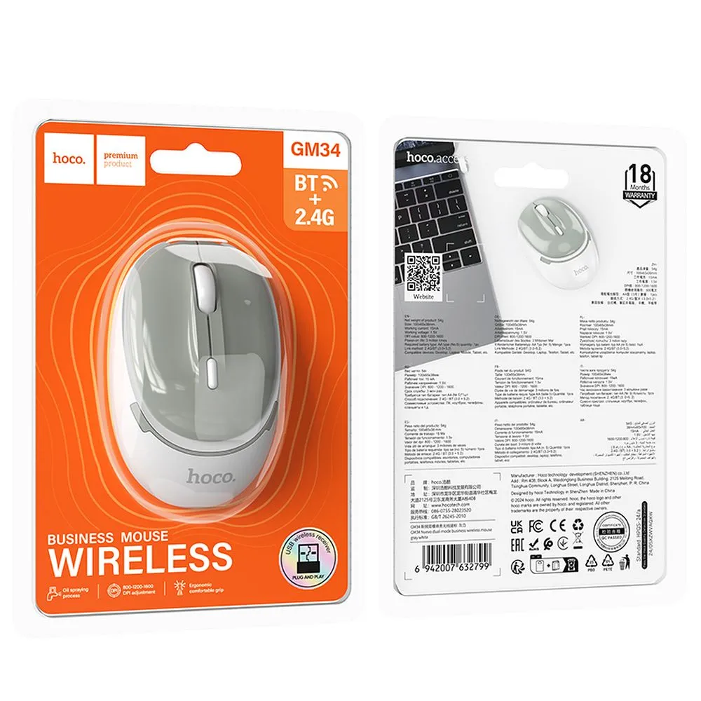 HOCO drahtlose 2.4G 1600 dpi Computer Maus GM34 grau weiß