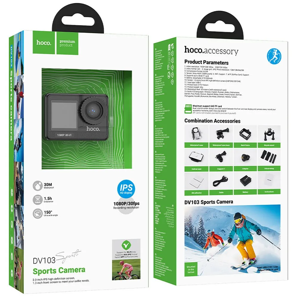 Sports camera Hoco with two screens 1,3" + 2"1080P/30fps DV103 black