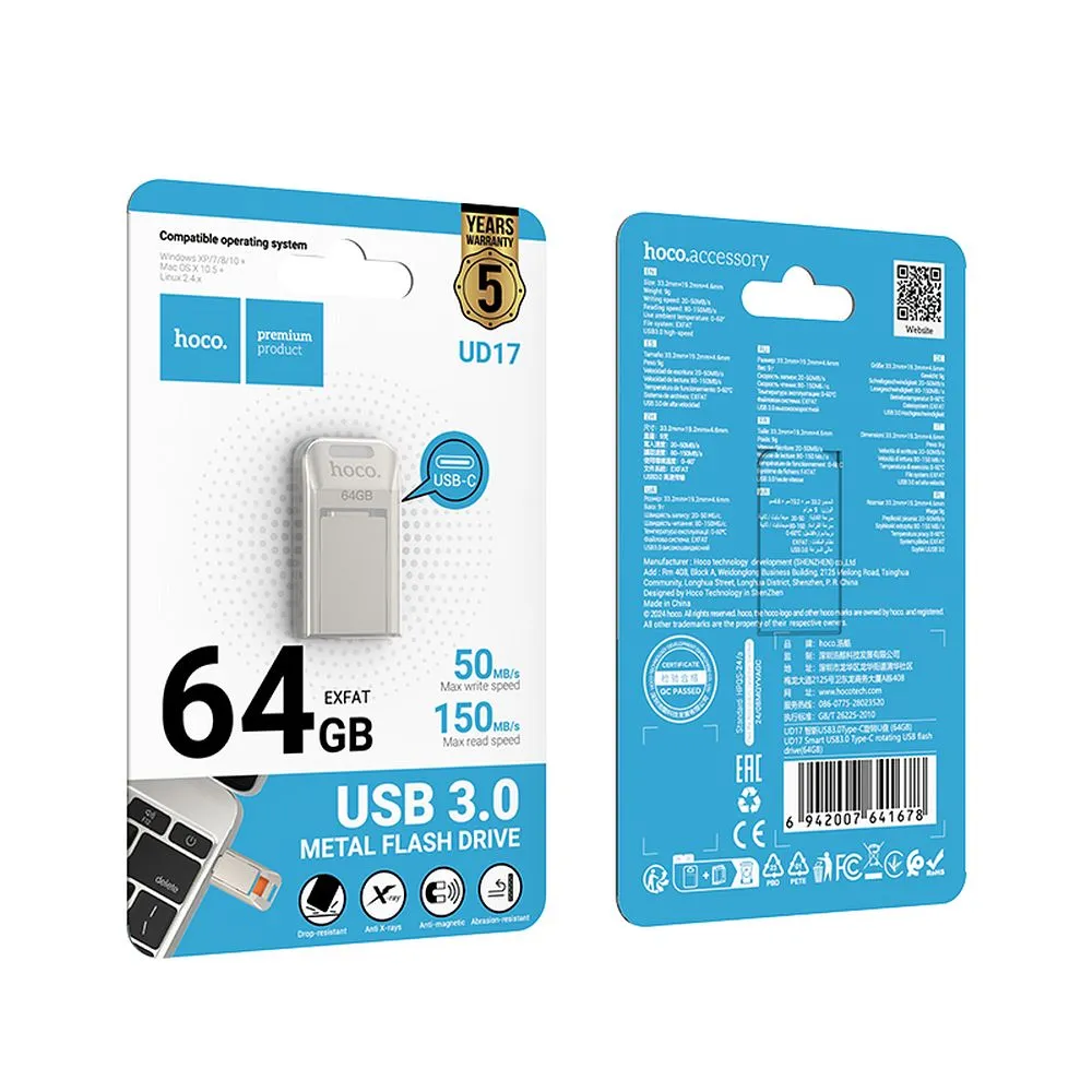Pendrive 64GB USB 3.0 (USB C) Hoco UD17 nickel