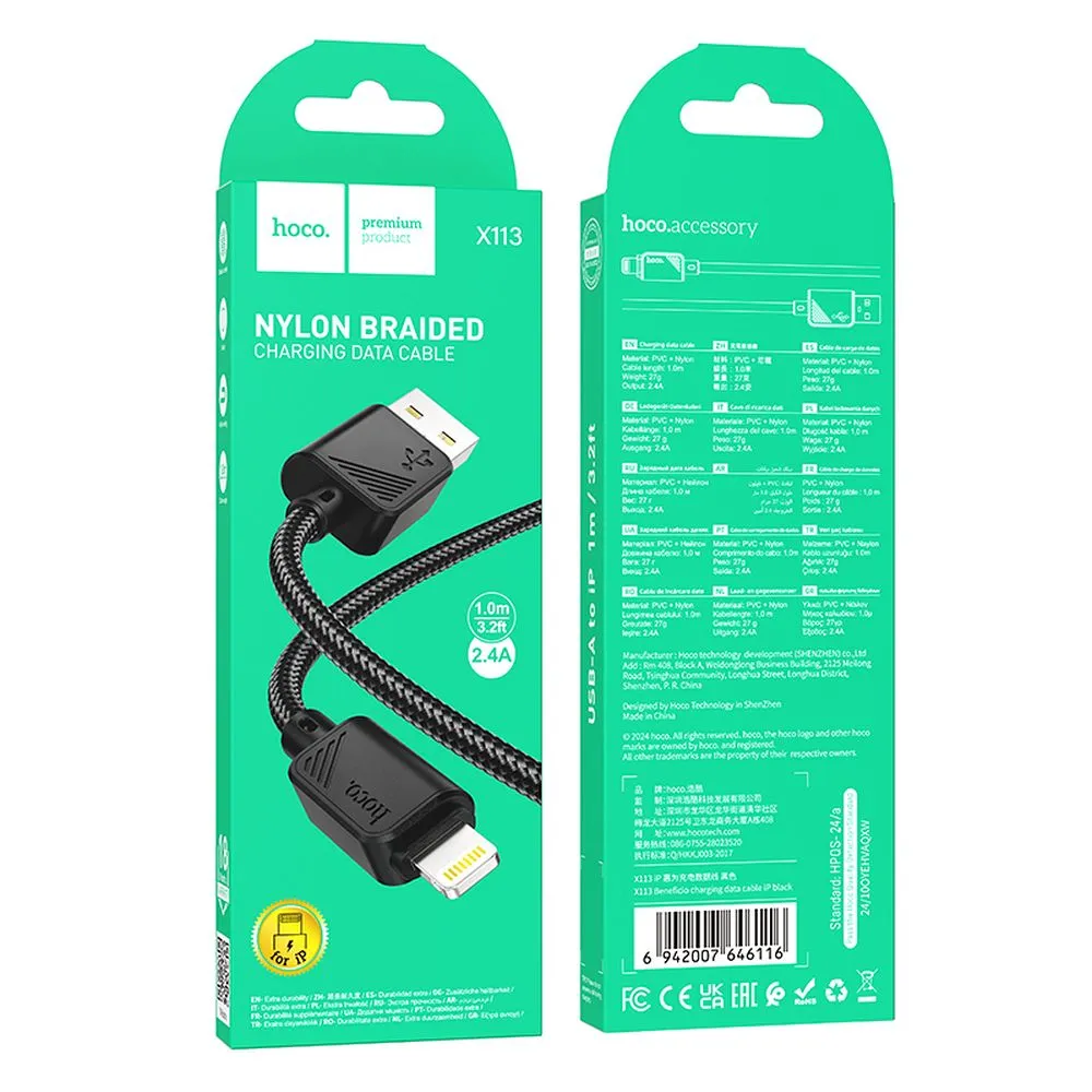 Cable USB A to Lightning Hoco 2,4A 1 m X113 black