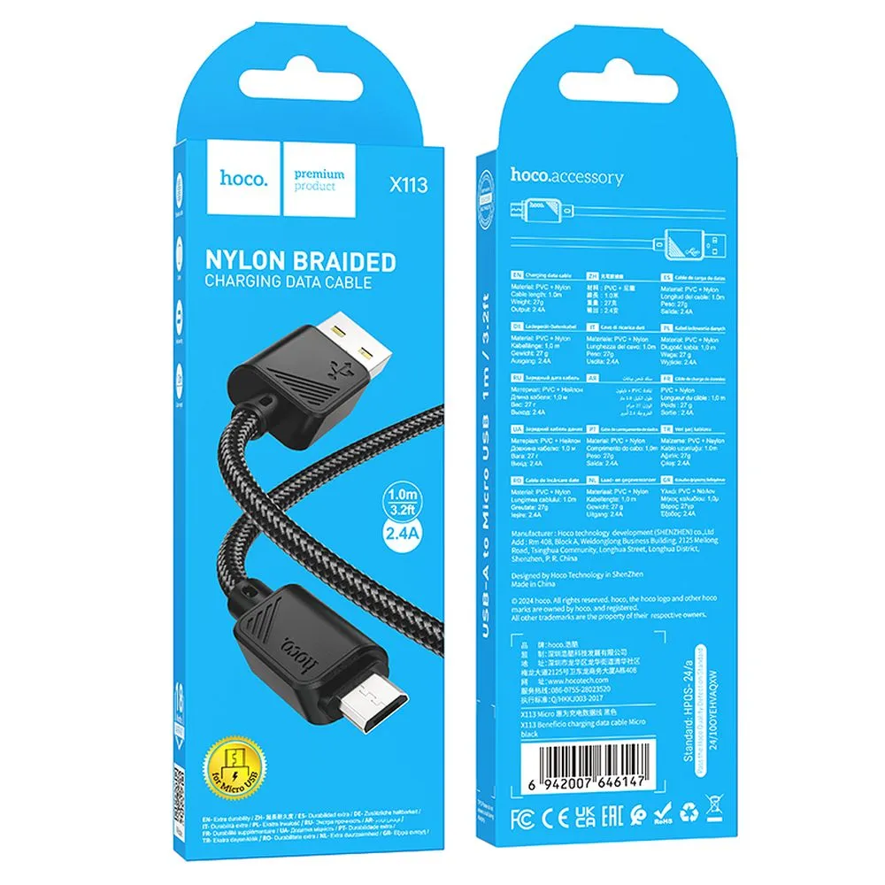 Cable USB A to Micro USB Hoco 2,4A 1 m X113 black