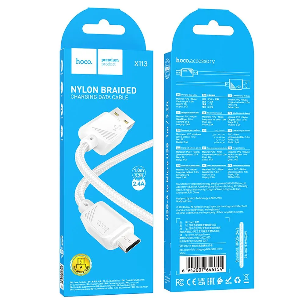 Cable USB A to Micro USB Hoco 2,4A 1 m X113 white