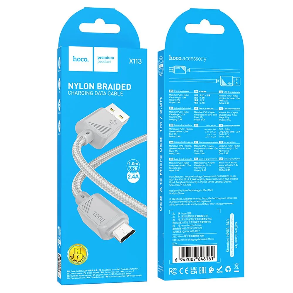 Cable USB A to Micro USB Hoco 2,4A 1 m X113 gray