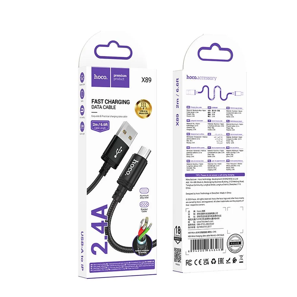 Cable USB A to Micro USB Hoco 2,4A 2 m X89 black