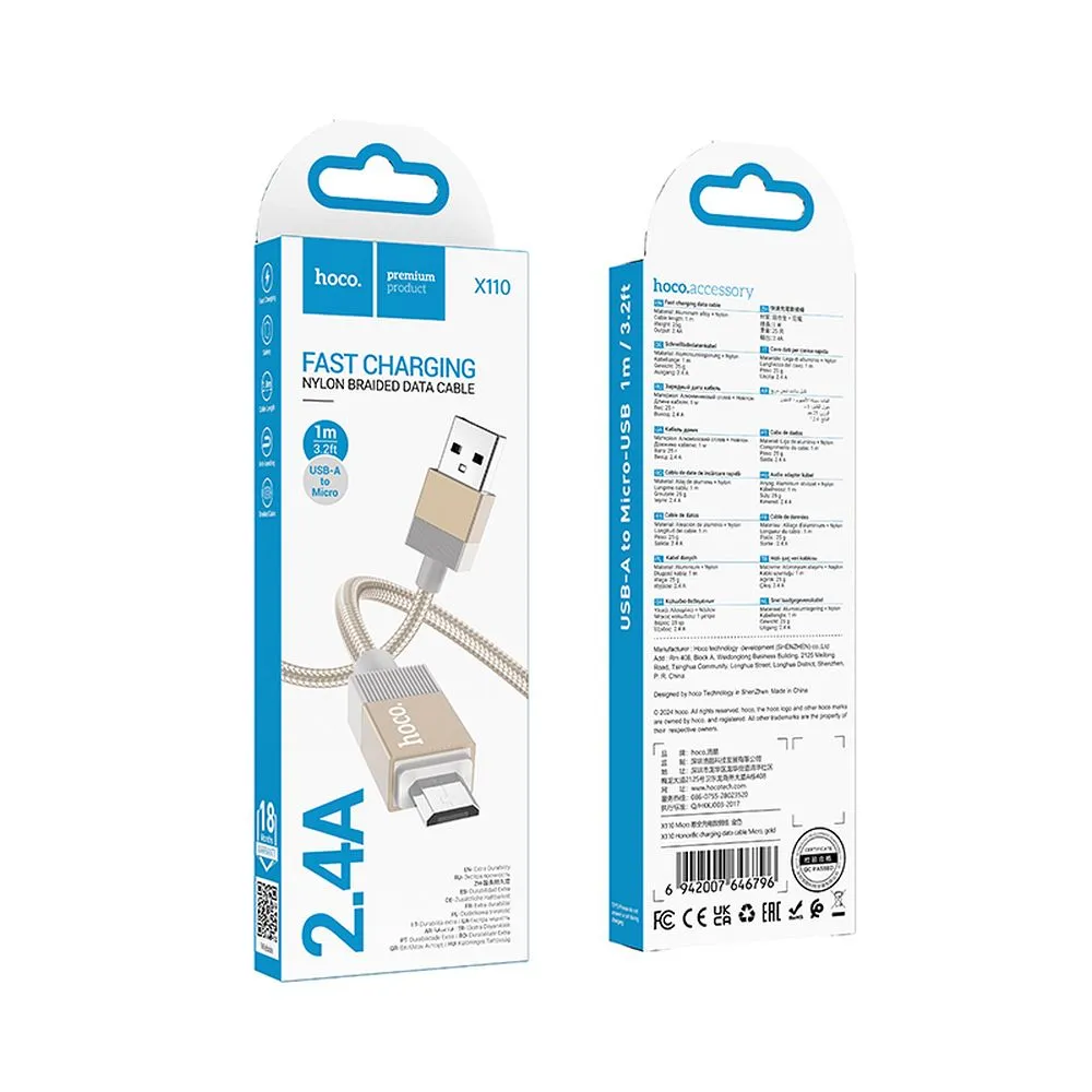 Cable USB A to Micro USB Hoco 2,4A 1 m X110 gold